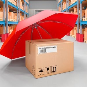 Parcel under umbrella in storehouse, safety and protect delivery concept. 3D rendering