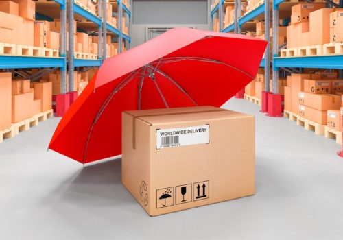 Parcel under umbrella in storehouse, safety and protect delivery concept. 3D rendering